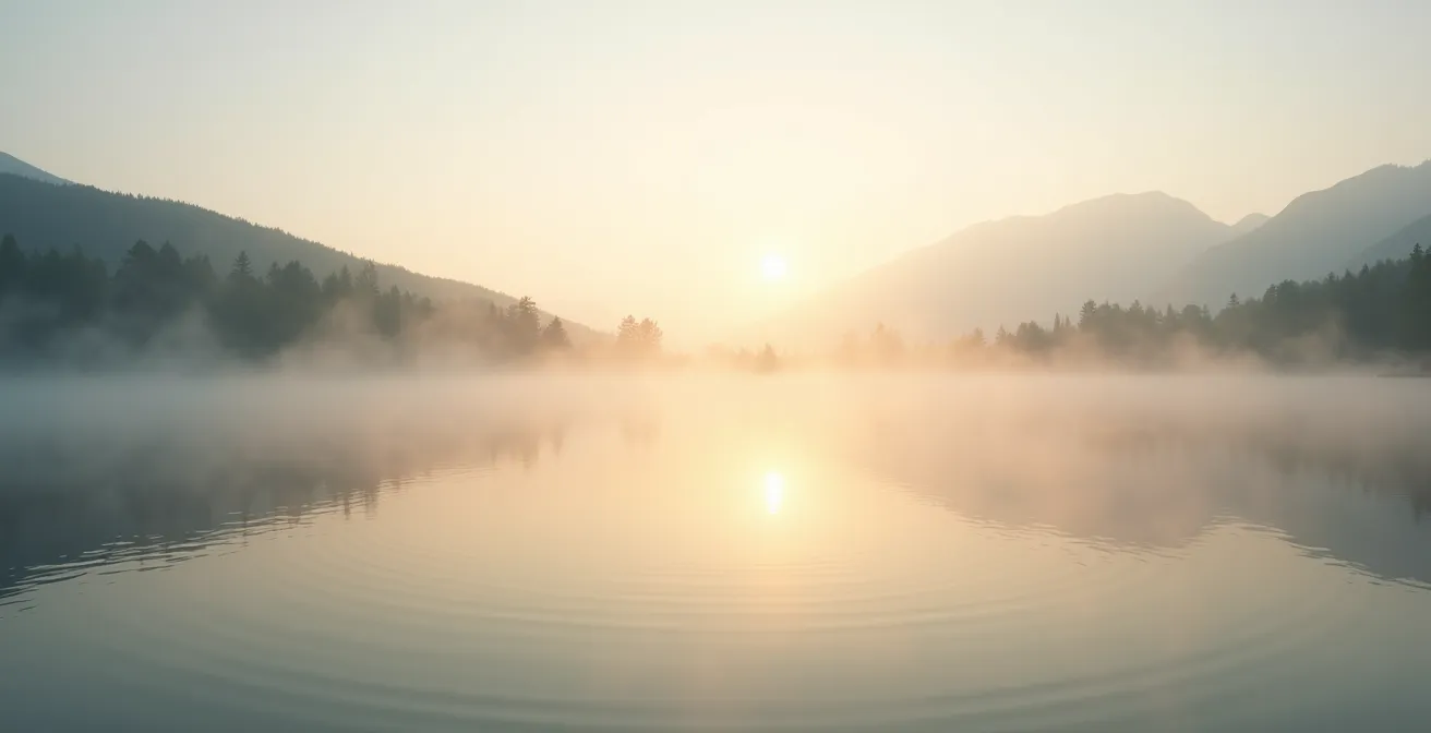 Brume matinale s'élevant au-dessus d'un lac avec effet de lumière dorée