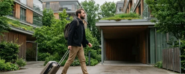 Professionnel arrivant avec valise devant résidence moderne Archamps