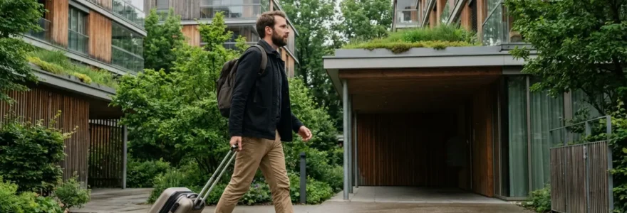 Professionnel arrivant avec valise devant résidence moderne Archamps