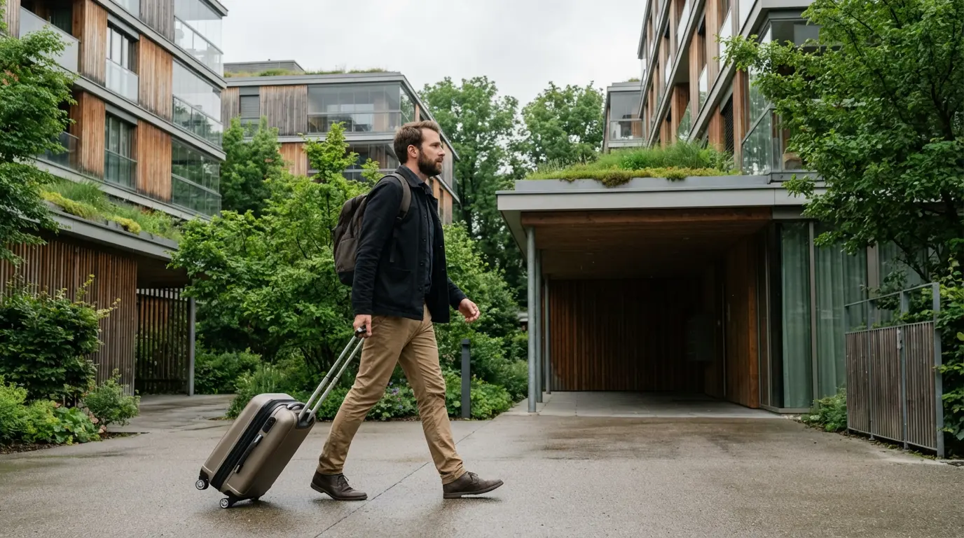 Professionnel arrivant avec valise devant résidence moderne Archamps