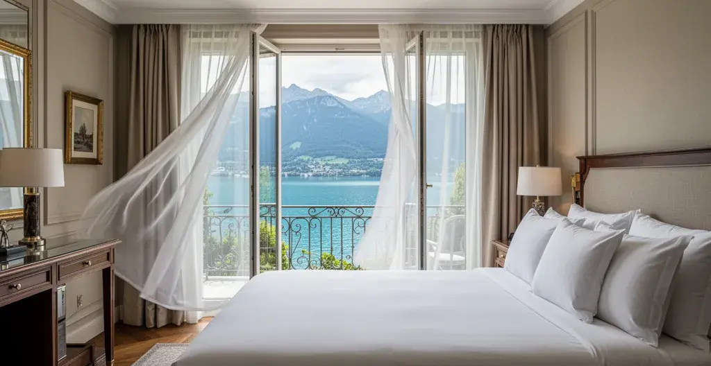 Chambre d'hôtel élégante avec baie vitrée ouvrant sur le lac d'Annecy et les montagnes