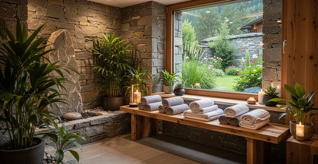 Espace spa d'hôtel de charme avec éclairage tamisé et plantes vertes ambiance cocon