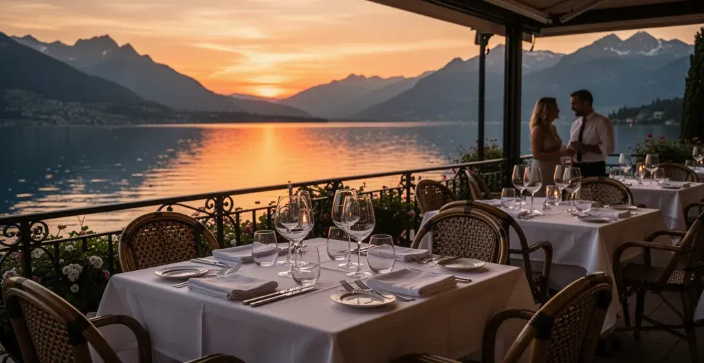 Terrasse de restaurant gastronomique face au lac d'Annecy au coucher du soleil avec tables dressées