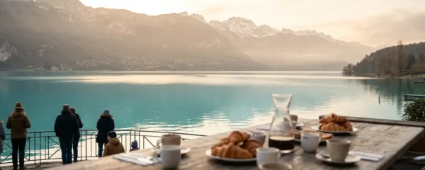 Vue panoramique du lac d'Annecy depuis une terrasse d'hôtel au lever du soleil avec montagnes alpines