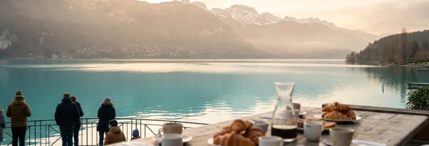 Vue panoramique du lac d'Annecy depuis une terrasse d'hôtel au lever du soleil avec montagnes alpines