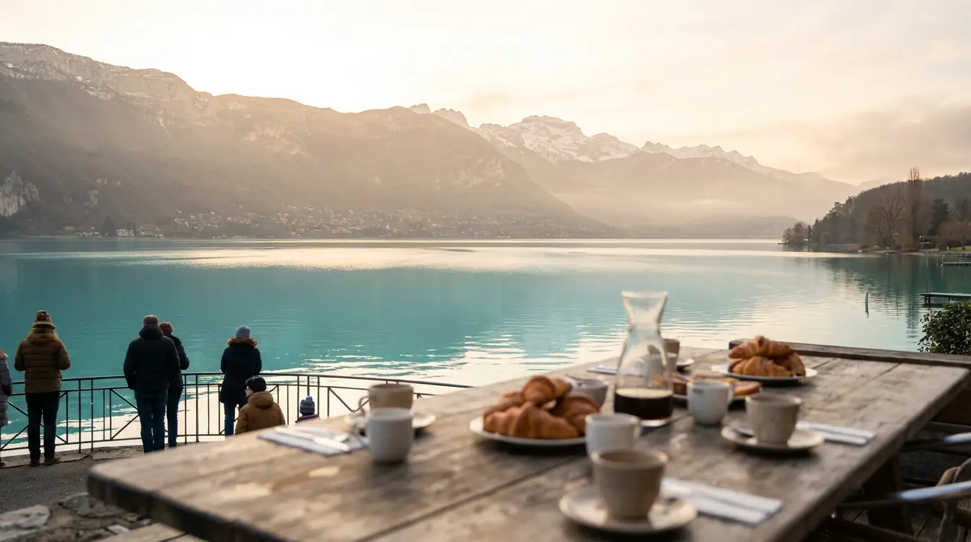 Vue panoramique du lac d'Annecy depuis une terrasse d'hôtel au lever du soleil avec montagnes alpines