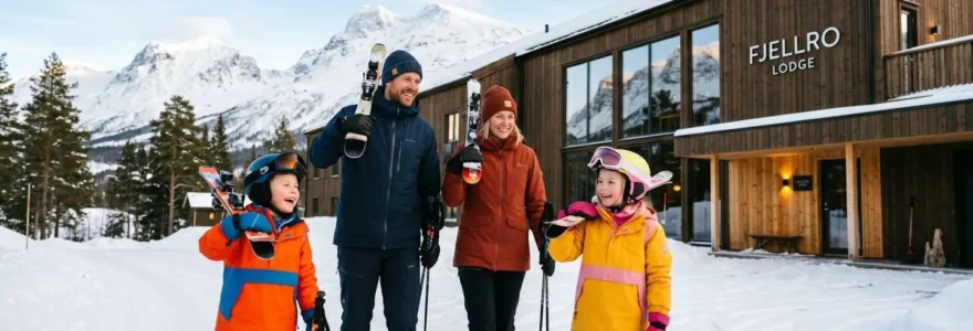 Une famille devant un hôtel de montagne enneigé, enfants joyeux avec leurs skis.