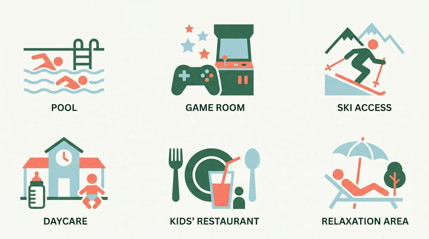 Icônes plates représentant les équipements essentiels pour un séjour ski en famille.