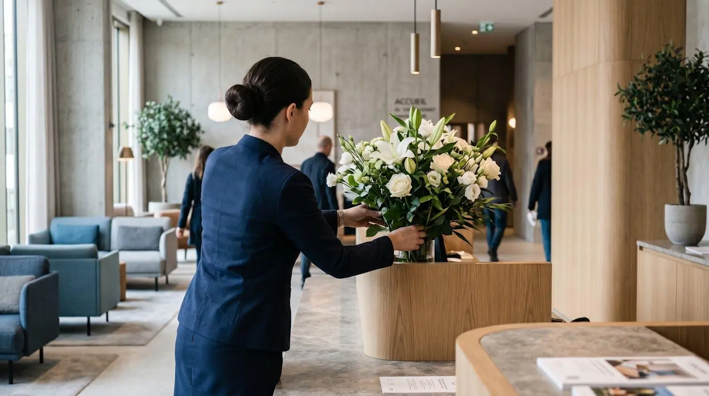 Membre du personnel hôtelier de dos, en uniforme sobre, arrangeant un bouquet de fleurs fraîches à la réception