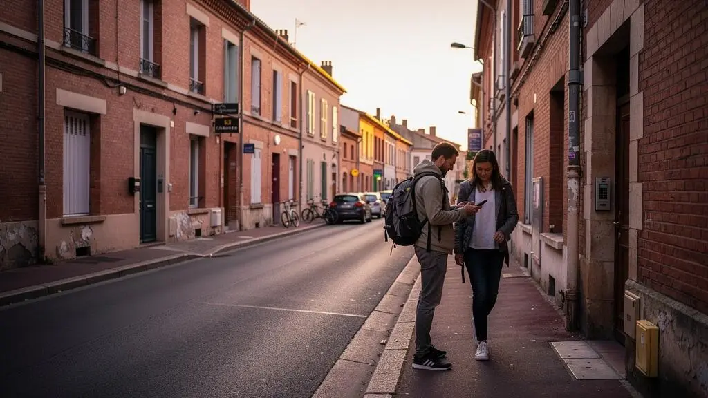 Un couple marche dans une rue résidentielle de Toulouse en consultant son téléphone.