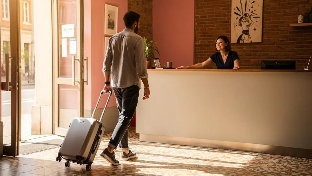 Un voyageur avec une valise entre dans le hall d'un hôtel abordable à Toulouse.